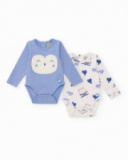 Pack of 2 knit bodysuits for baby boy in blue and white with owl and bird print Pack of 2 knit bodysuits for baby boy in blue and white with owl and bird print