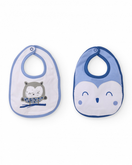 Two-piece baby boy bib set in blue and white tones with fun owl prints