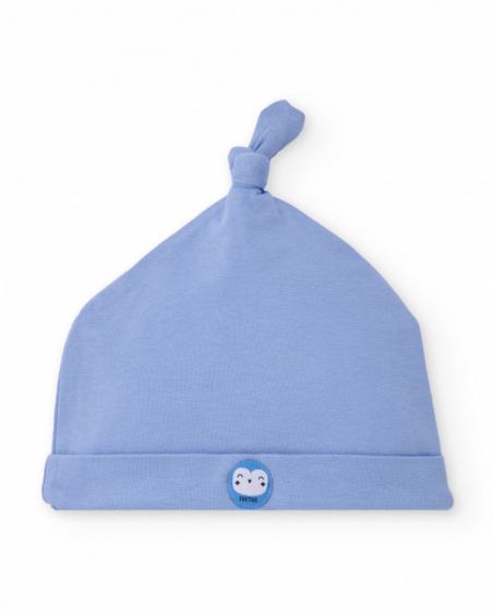 Knit hat for baby boy in blue with top knot detail Knit hat for baby boy in blue with top knot detail