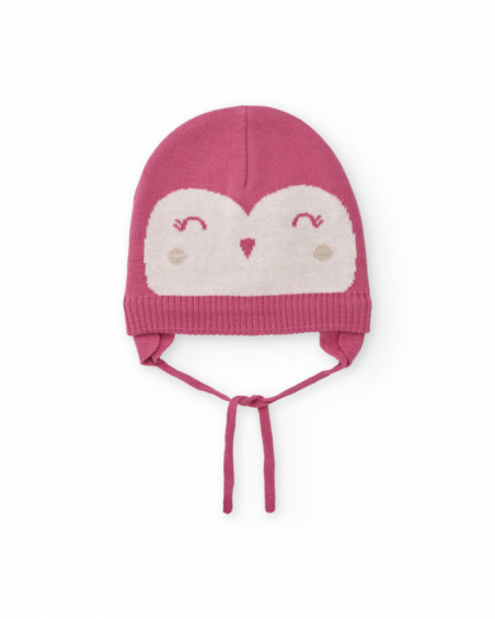 Knit hat for girl in pink with smiling face design