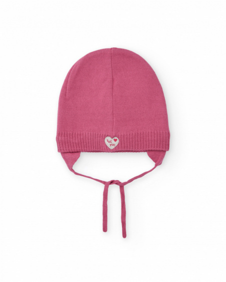 Knit hat for girl in pink with smiling face design