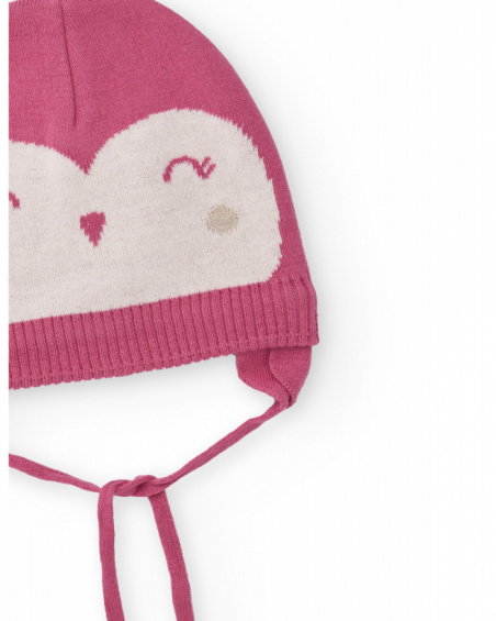 Knit hat for girl in pink with smiling face design