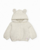 Plush jacket for baby in white with little ears on the hood Plush jacket for baby in white with little ears on the hood