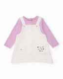 Baby girl dress in lilac and off-white with embroidered pockets Baby girl dress in lilac and off-white with embroidered pockets