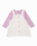 Baby girl dress in lilac and off-white with embroidered pockets Baby girl dress in lilac and off-white with embroidered pockets