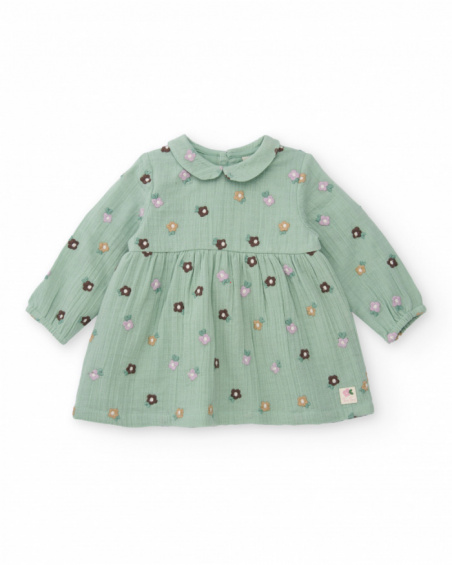 Green chiffon dress for girl with floral embroidery