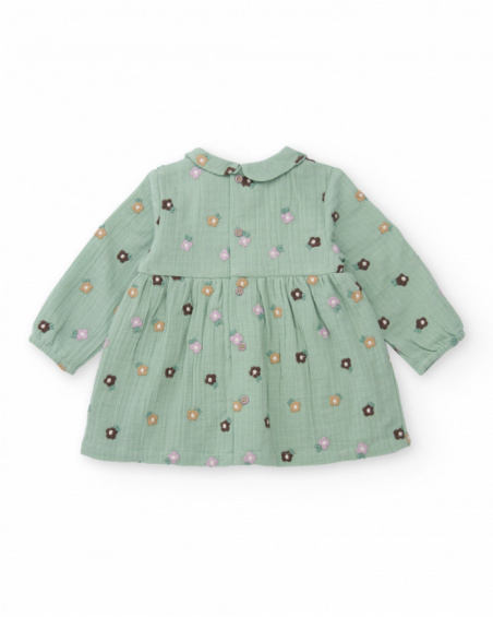 Green chiffon dress for girl with floral embroidery