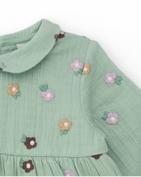 Green chiffon dress for girl with floral embroidery