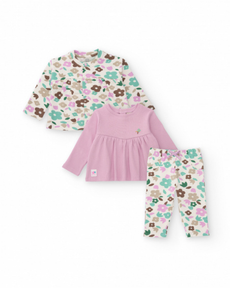 Three-piece set for baby girl with pastel floral print Three-piece set for baby girl with pastel floral print