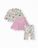 Three-piece set for baby girl with pastel floral print Three-piece set for baby girl with pastel floral print