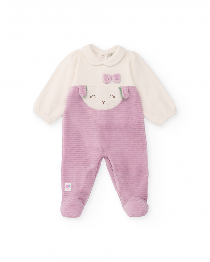 Velvet romper for baby girl in cream and lilac tones with embroidered face design.