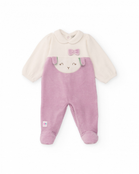 Velvet romper for baby girl in cream and lilac tones with embroidered face design.