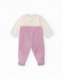 Velvet romper for baby girl in cream and lilac tones with embroidered face design. Velvet romper for baby girl in cream and lilac tones with embroidered face design.