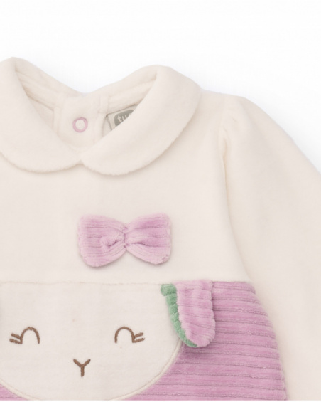 Velvet romper for baby girl in cream and lilac tones with embroidered face design.