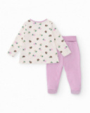 T-shirt and footed pants set for newborn in cream and lilac tones with floral print