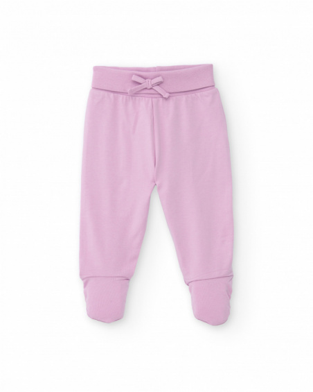 T-shirt and footed pants set for newborn in cream and lilac tones with floral print