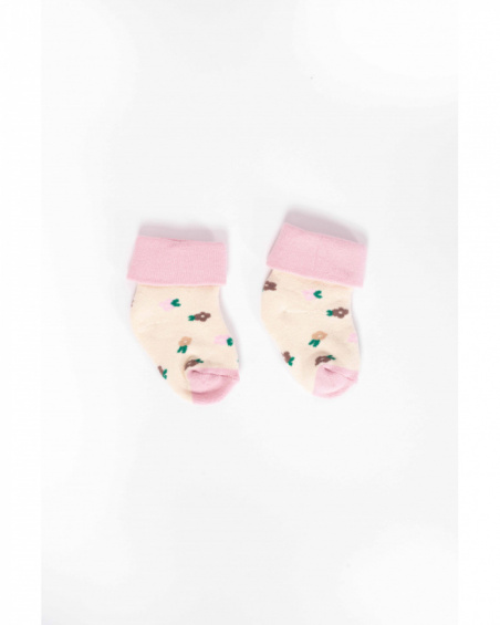 Baby girl socks in cream and pink tones with floral print Baby girl socks in cream and pink tones with floral print