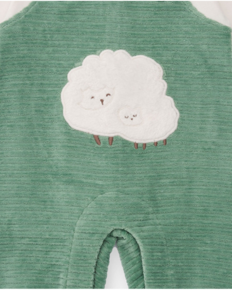 Green romper for newborn with little sheep embroidery.