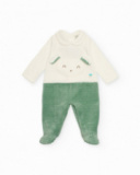 Velour romper for baby boy in green and white tones with face design Velour romper for baby boy in green and white tones with face design