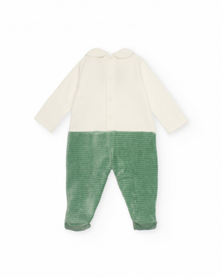 Velour romper for baby boy in green and white tones with face design