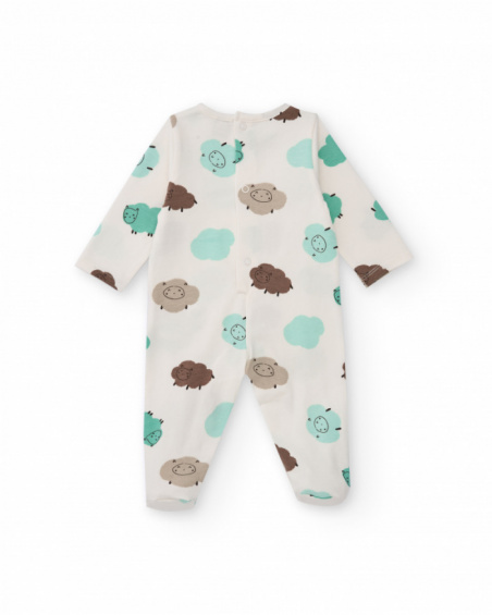 Cotton romper for baby boy with sheep print in green and brown tones Cotton romper for baby boy with sheep print in green and brown tones