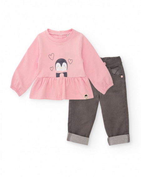 Baby girl outfit with pink blouse featuring a penguin print and gray pants Baby girl outfit with pink blouse featuring a penguin print and gray pants