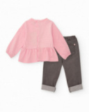Baby girl outfit with pink blouse featuring a penguin print and gray pants Baby girl outfit with pink blouse featuring a penguin print and gray pants