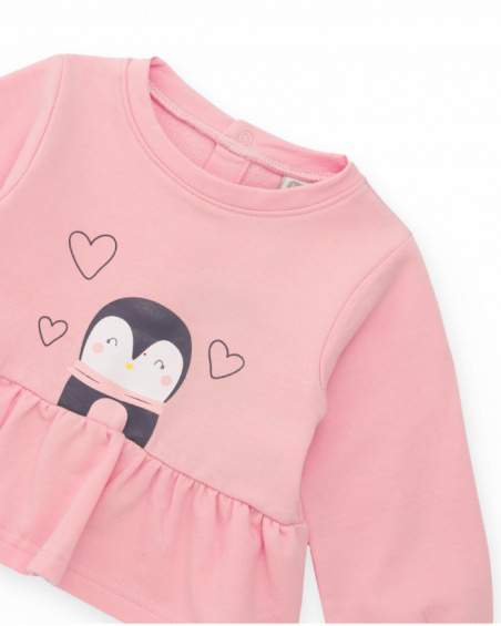 Baby girl outfit with pink blouse featuring a penguin print and gray pants Baby girl outfit with pink blouse featuring a penguin print and gray pants