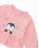 Baby girl outfit with pink blouse featuring a penguin print and gray pants Baby girl outfit with pink blouse featuring a penguin print and gray pants