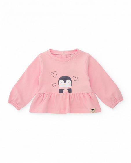 Baby girl outfit with pink blouse featuring a penguin print and gray pants Baby girl outfit with pink blouse featuring a penguin print and gray pants