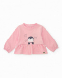 Baby girl outfit with pink blouse featuring a penguin print and gray pants Baby girl outfit with pink blouse featuring a penguin print and gray pants
