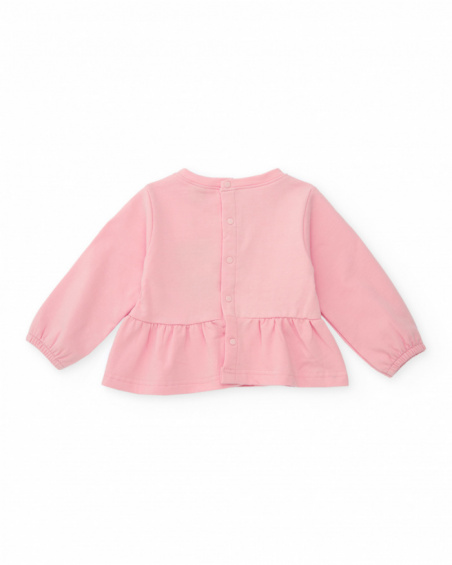 Baby girl outfit with pink blouse featuring a penguin print and gray pants Baby girl outfit with pink blouse featuring a penguin print and gray pants