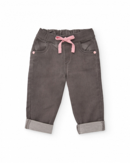 Baby girl outfit with pink blouse featuring a penguin print and gray pants Baby girl outfit with pink blouse featuring a penguin print and gray pants