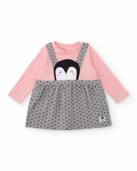 Baby girl dress in pink and grey with polka-dot straps and penguin detail