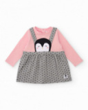 Baby girl dress in pink and grey with polka-dot straps and penguin detail Baby girl dress in pink and grey with polka-dot straps and penguin detail
