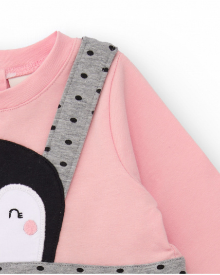 Baby girl dress in pink and grey with polka-dot straps and penguin detail