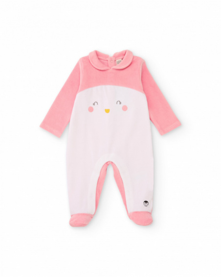Knit romper for baby girl in pink with penguin design Knit romper for baby girl in pink with penguin design