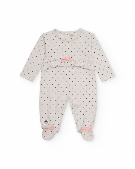 Light grey knitted romper for girl with black polka dot print. Light grey knitted romper for girl with black polka dot print.