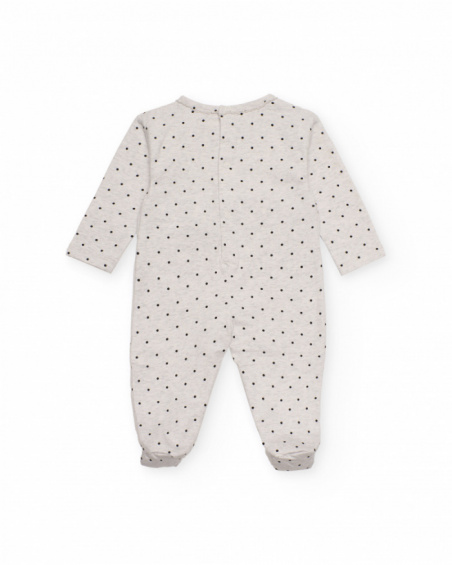 Light grey knitted romper for girl with black polka dot print. Light grey knitted romper for girl with black polka dot print.