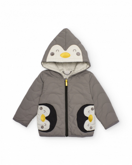 Quilted jacket for baby boy in grey with penguin-themed hood