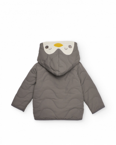Quilted jacket for baby boy in grey with penguin-themed hood