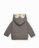 Quilted jacket for baby boy in grey with penguin-themed hood Quilted jacket for baby boy in grey with penguin-themed hood