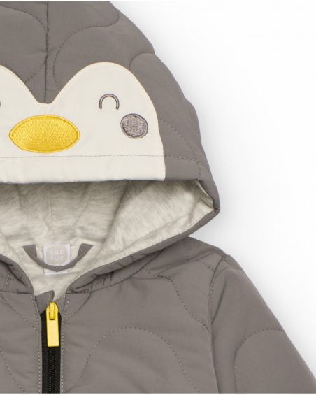 Quilted jacket for baby boy in grey with penguin-themed hood
