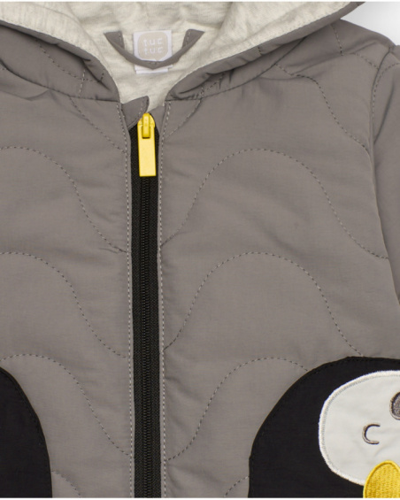 Quilted jacket for baby boy in grey with penguin-themed hood