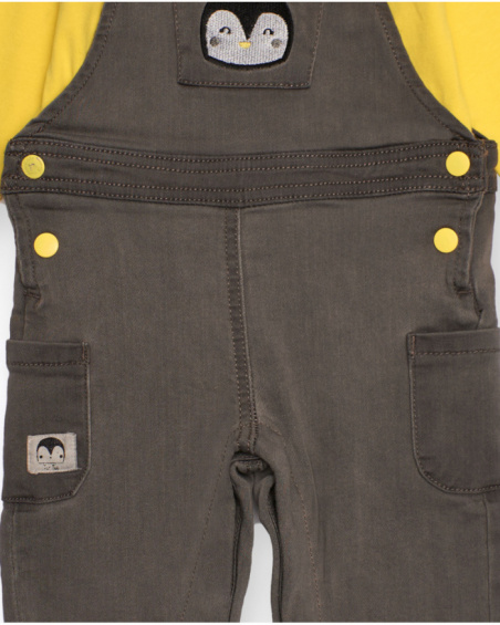 Baby boy set in yellow and grey with penguin embroidered dungarees Baby boy set in yellow and grey with penguin embroidered dungarees
