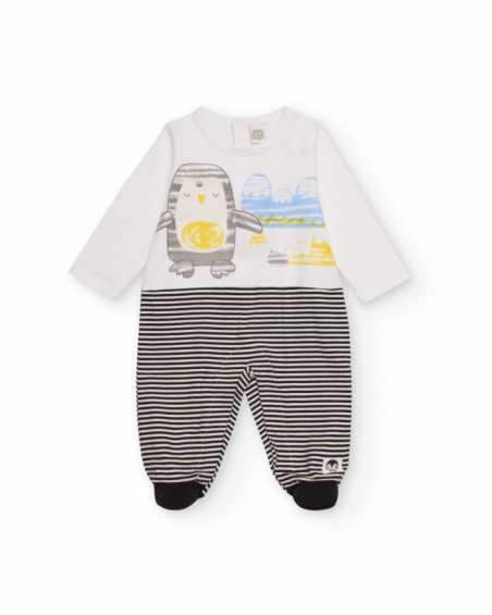 Knit romper for baby boy in white and black with penguin and landscape print Knit romper for baby boy in white and black with penguin and landscape print