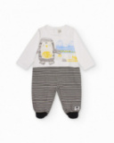 Knit romper for baby boy in white and black with penguin and landscape print Knit romper for baby boy in white and black with penguin and landscape print