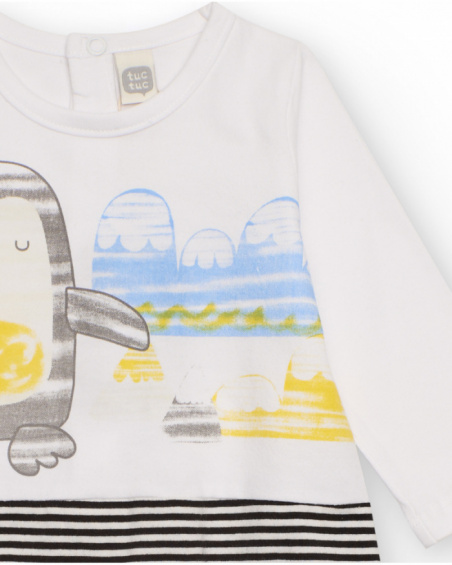 Knit romper for baby boy in white and black with penguin and landscape print Knit romper for baby boy in white and black with penguin and landscape print