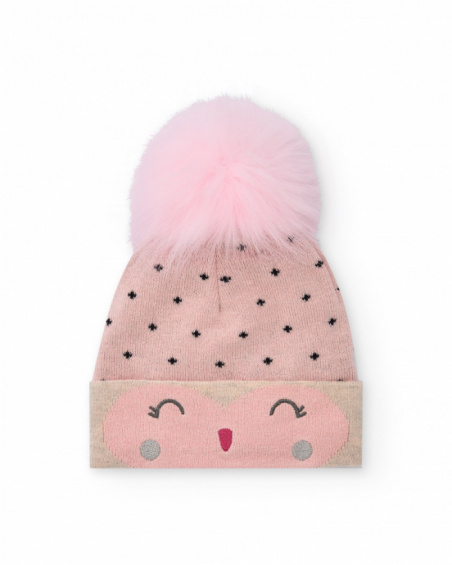 Pink knitted hat for girl with pompom and face design.