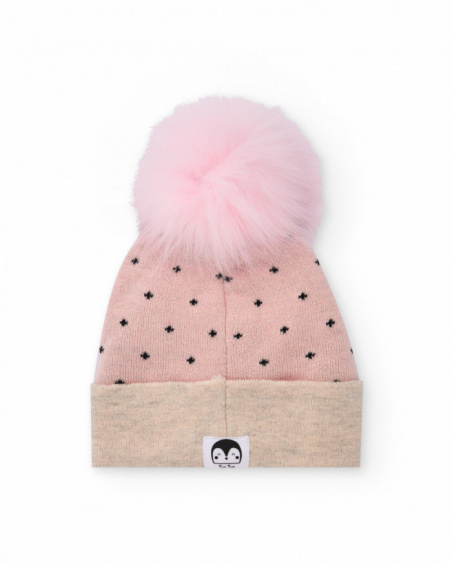 Pink knitted hat for girl with pompom and face design.